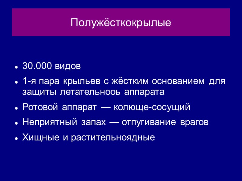 30.000 видов 1-я пара крыльев с жёстким основанием для защиты летательнооь аппарата Ротовой аппарат